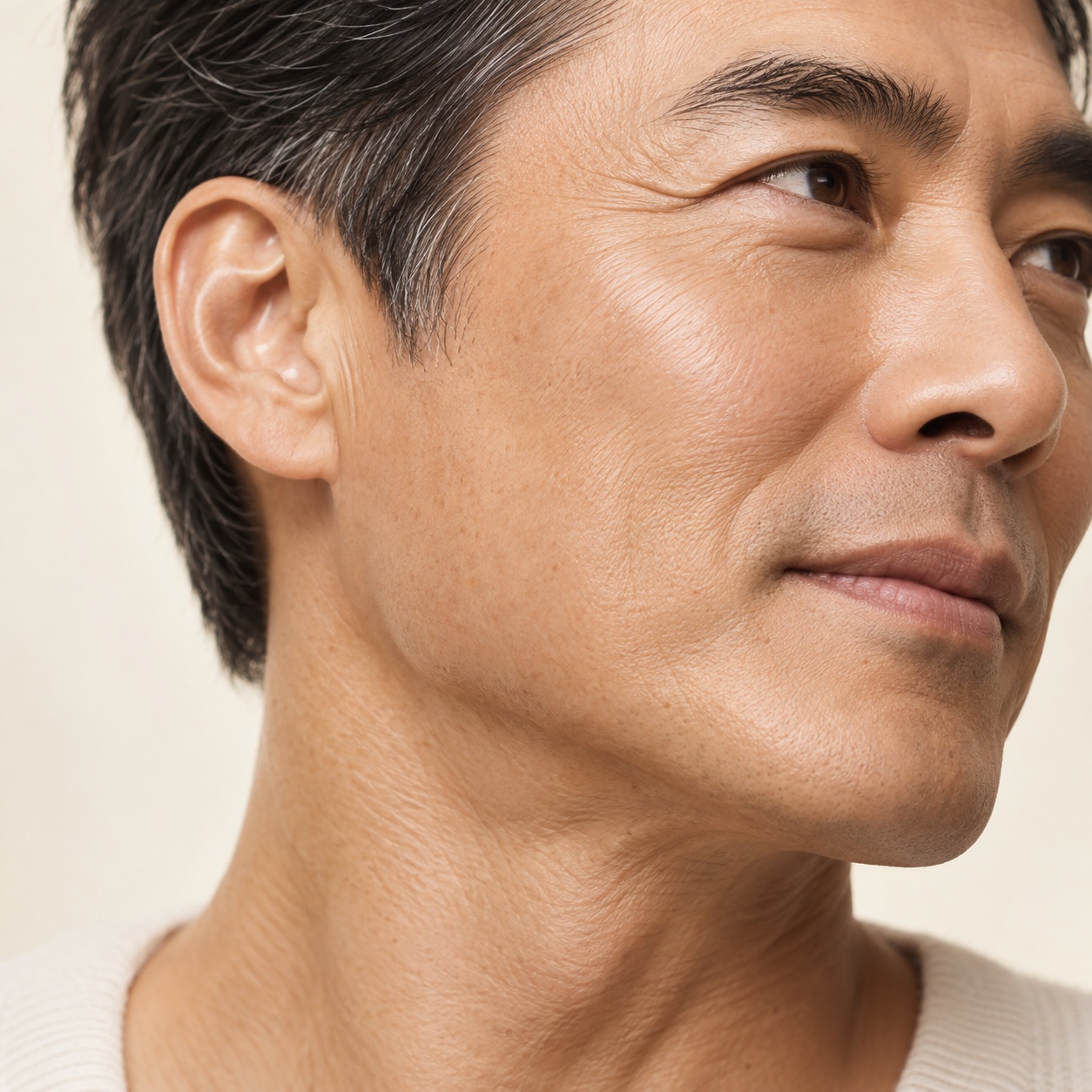 Illustrative close portrait detail of a mature adult man with healthy hydrated skin, not a treatment result